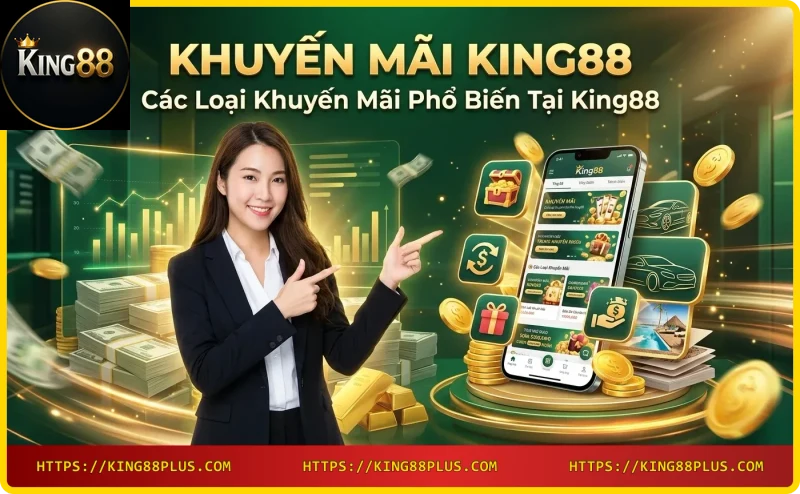 Ba đồng xu vàng tượng trưng cho các loại khuyến mãi King88: thưởng chào mừng, hoàn trả, vòng quay miễn phí