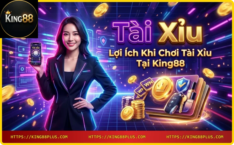 Cúp vàng và chip casino phát sáng neon tượng trưng cho lợi ích và phần thưởng tại King88