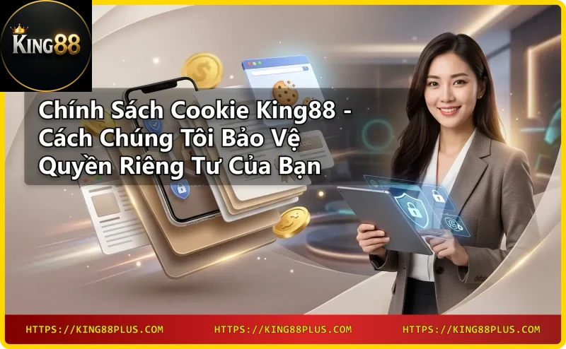 Giới thiệu về chính sách cookie King88 - màn hình laptop hiển thị biểu tượng cookie và khiên bảo vệ