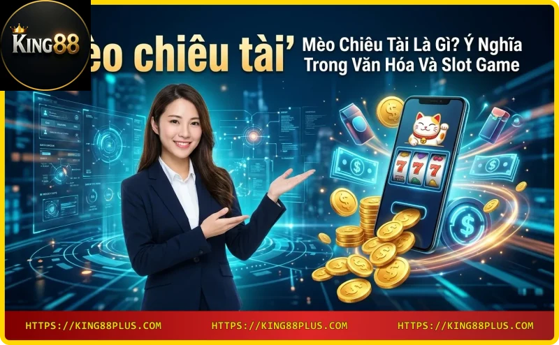 Tượng mèo chiêu tài Maneki Neko trên máy slot casino